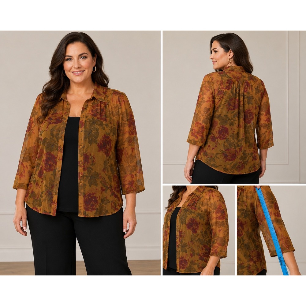 JM by Shelli Segal Floral Button Down Blouse Mustard Yellow Rose Print Size M